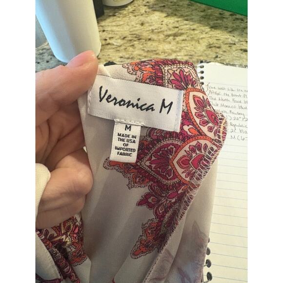 Veronica M Deep V-Neck White Pink Paisley Floral Maxi Dress M 6-10 - Picture 3 of 5